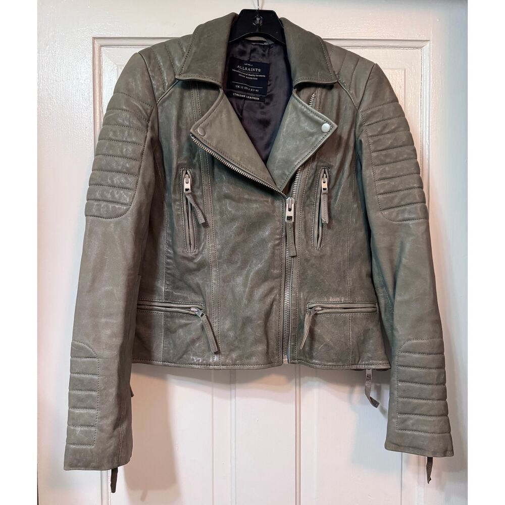 All Saints Green Distressed Leather Moto Biker Jacket Size US 8